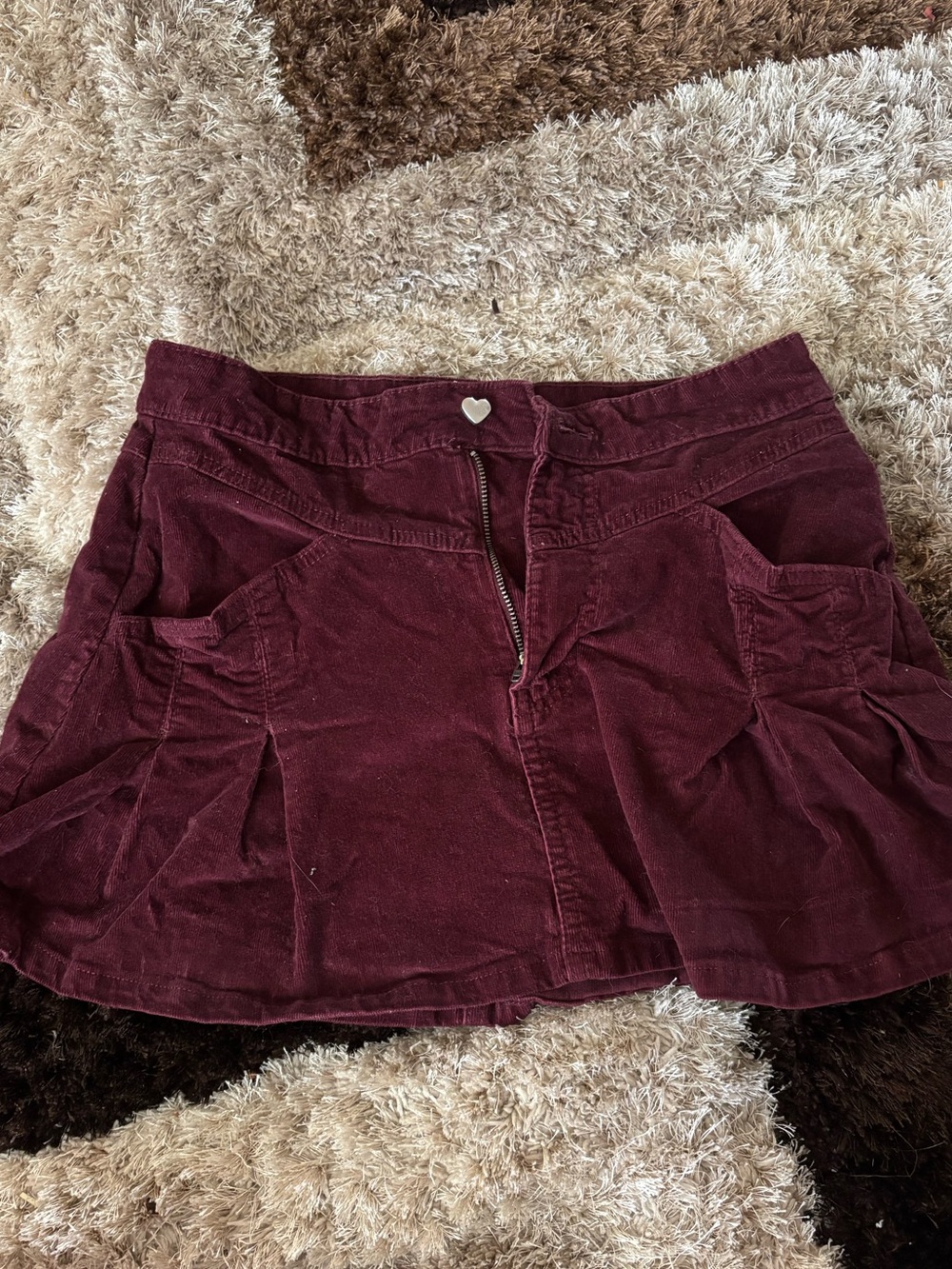 Celebrity Pink Burgundy Corduroy Mini Skirt with Heart Button